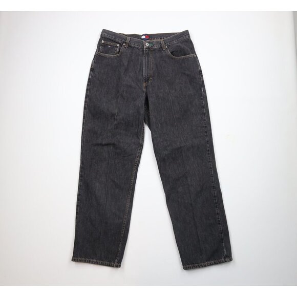 Vintage 90s Tommy Hilfiger Mens 36x32 Faded Baggy Fit Wide Leg Denim Jeans Black